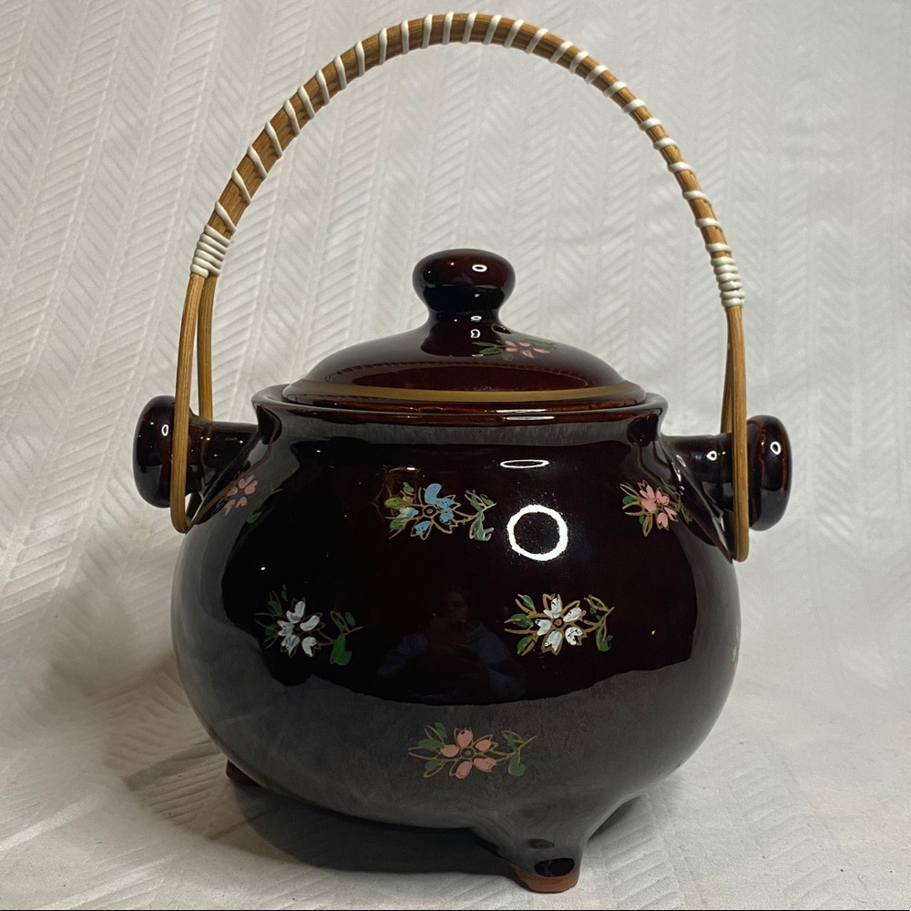Glazed stoneware lidded bean pot wooden handle.